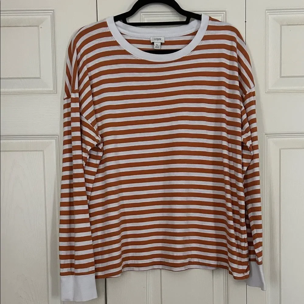 J. CREW Size Large Orange White Striped Long Sleeve Relaxed Fit T-Shirt Layer